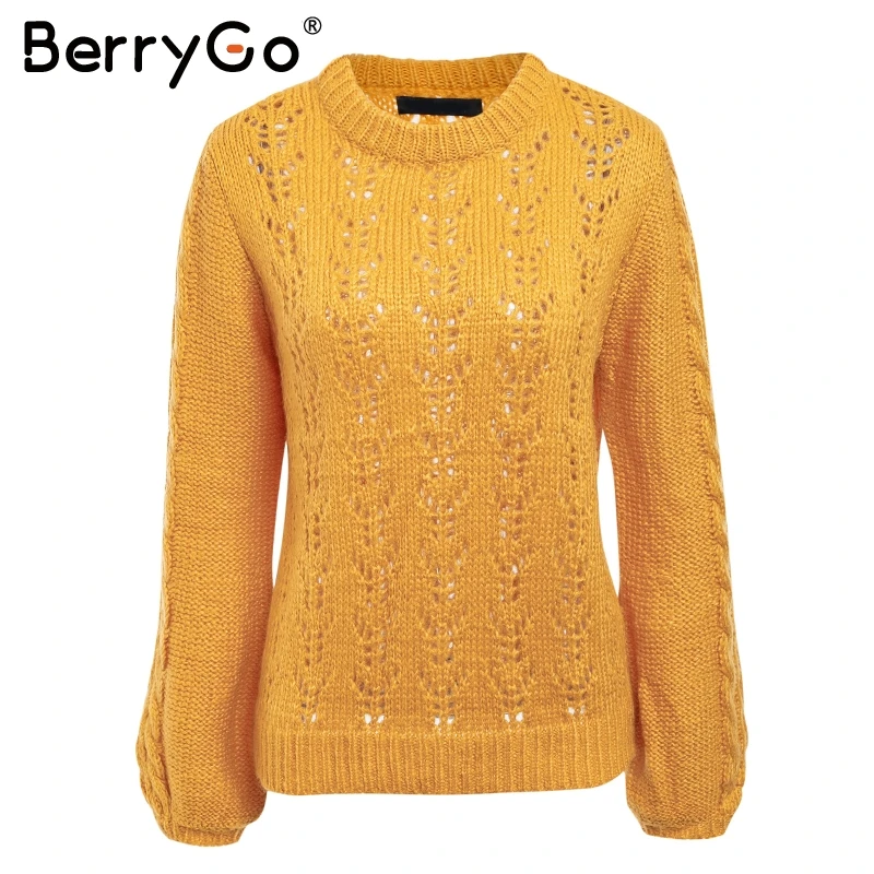 BerryGo вязанный зимний женский свитер с круглым вырезом и рукавом-фонариком
