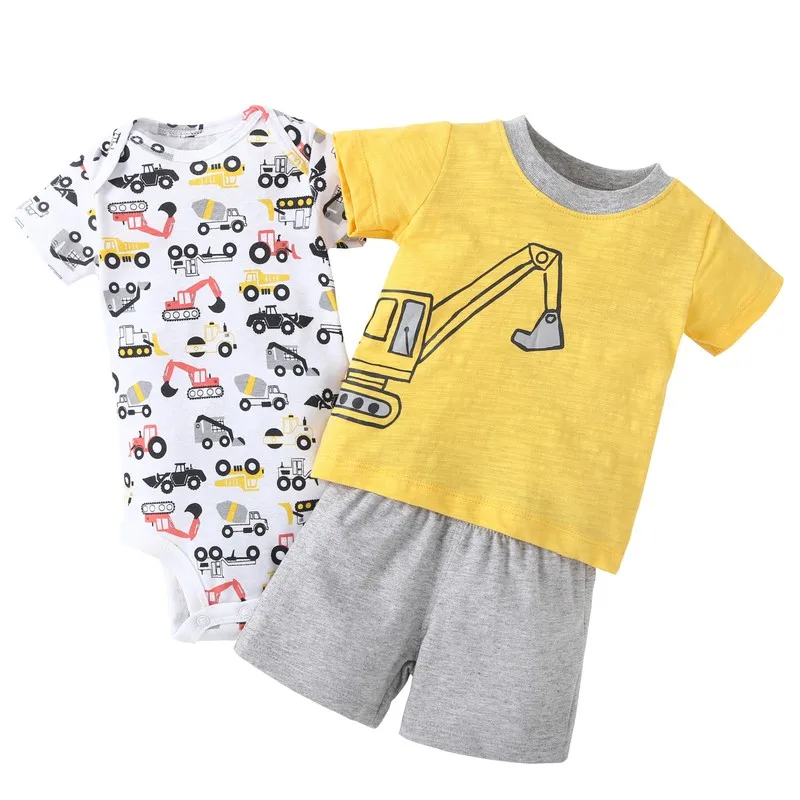 3 PCS Baby Boy Clothes Set Cartoon Striped Car Dinosaur T-shirt + Shorts Rompers Newborn |