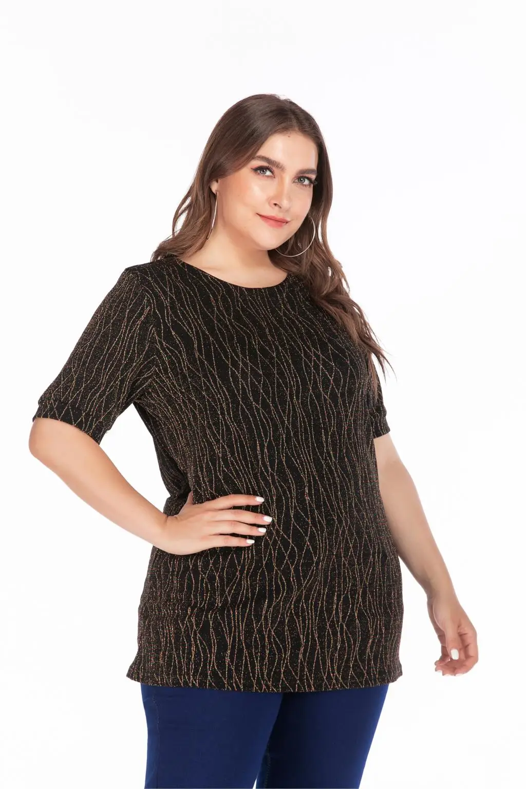 5XL размера плюс, женская блузка, рубашка, летняя, с круглым вырезом, с коротким рукавом, с блестками, элегантная, стрейчевая, свободная, более размера d, Женская туника, топы