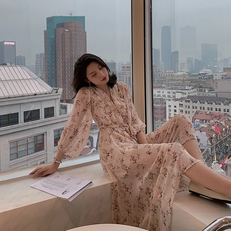 Новый Boho Цветочный принт длинное шифоновое платье летние женские пояса с