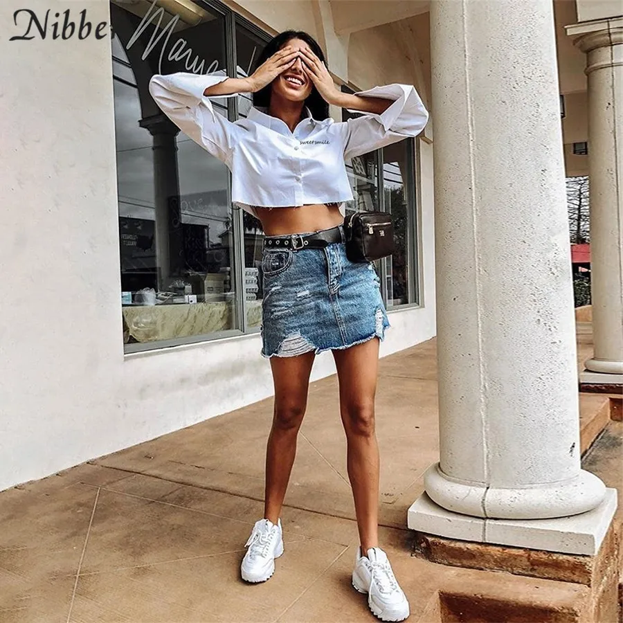 Nibber2019 весна лето Офисная Леди Белый укороченный топ Женская футболка элегантный уличный длинный рукав Базовая Повседневная футболка с вышивкой mujer