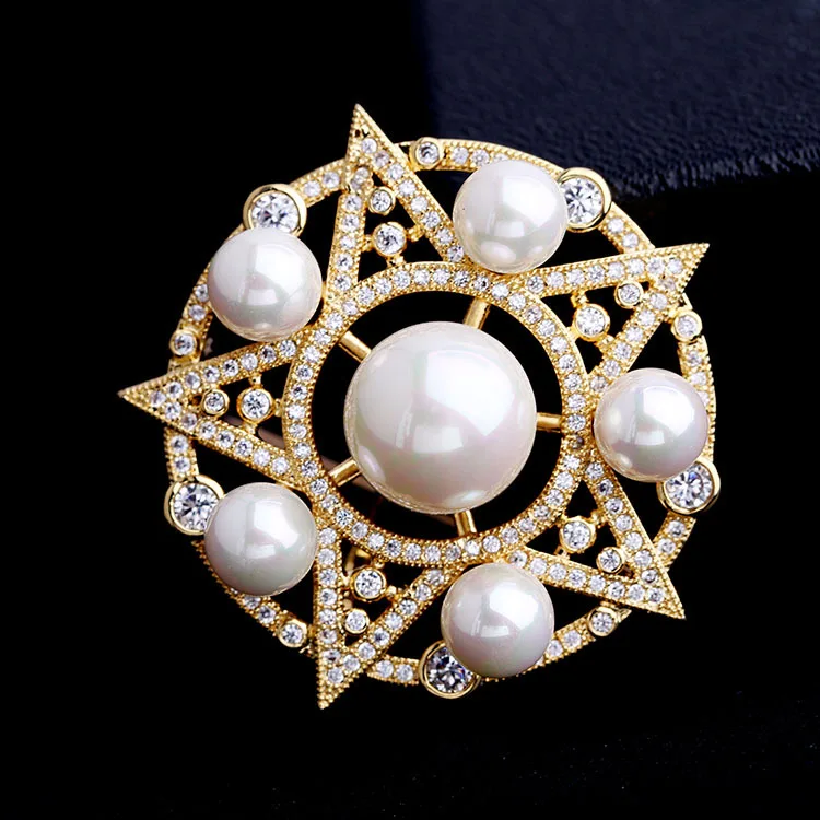 

New crystal CZ star pearls pin brooch pendant ornament jewelry