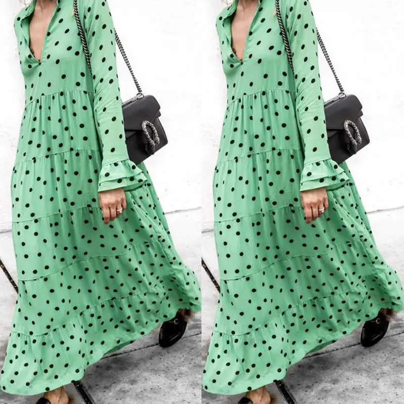 Женское платье в горошек с V образным вырезом и длинным рукавом|Женские платья| |