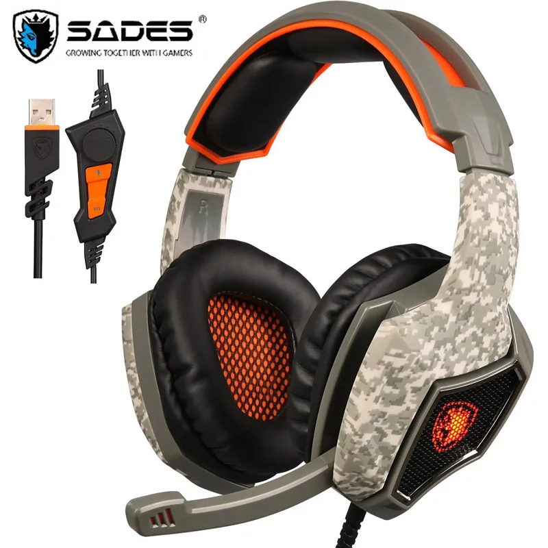 Orange SADES Spirit Wolf USB 7,1, игровая гарнитура с объемным звуком, удобные проводные USB наушники, крутые светодиодный наушники для ноутбука - Цвет: Orange