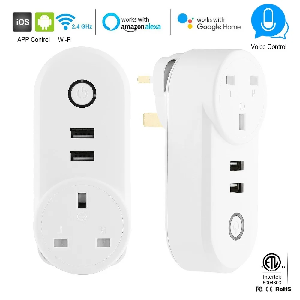 Smart Plug Великобритания розетка с 2 USB зарядное устройство Wi-Fi Управление таймер