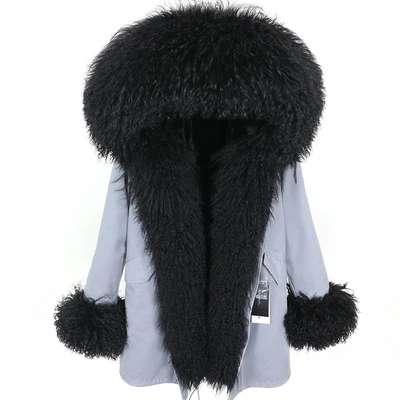 17 OFTBUY, зимняя женская куртка, пальто с натуральным мехом, парка из монгольского овца, Воротник из меха кролика, подкладка из меха кролика, Черное длинное пальто, уличная одежда, новинка - Цвет: 17
