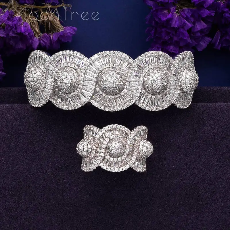 MoonTree Luxury Rhinestones Twist Shape Cubic Zircon Wide Bangle Ring Set Silver Color Plated Large Rings | Украшения и