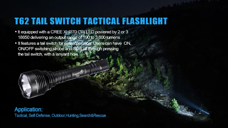 TrustFire T62 CREE XHP70 3600 люмен 5-Mode длинный радиус действия луча дальнего света 431 м светодиодный тактический фонарь(2x18650/3x18650