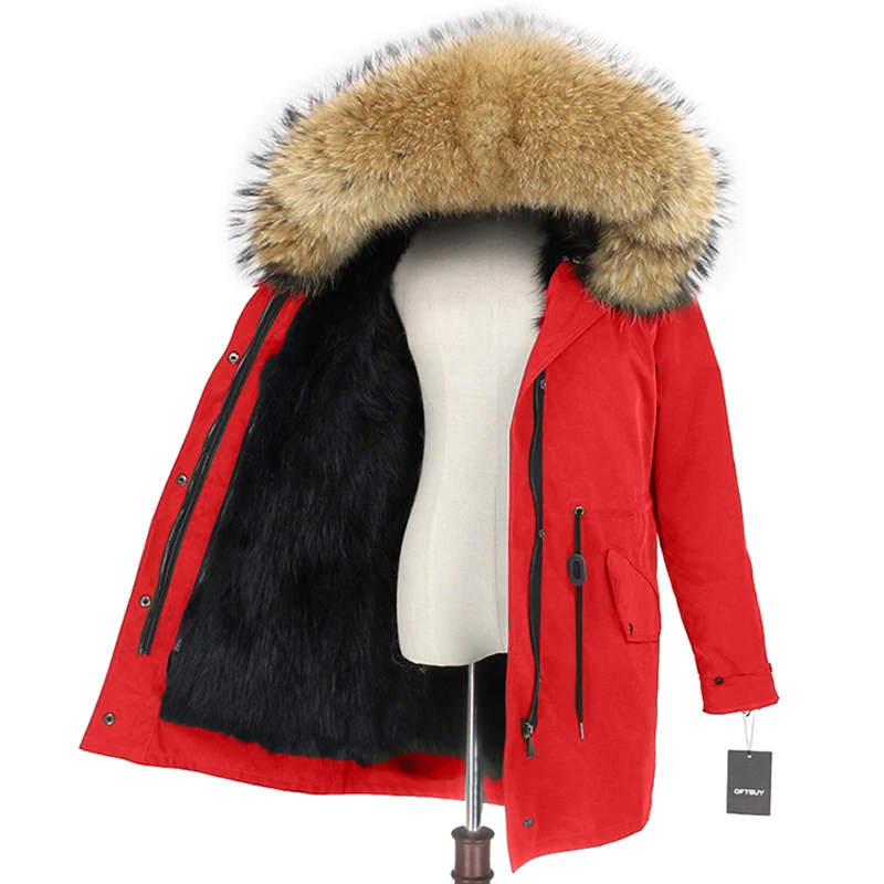 OFTBUY шуба из натурального Лисьего меха, Женская парка, зимняя куртка, натуральный мех енота, Отделка капюшона, длинная верхняя одежда, съемная, водонепроницаемая, роскошная - Цвет: red black natural