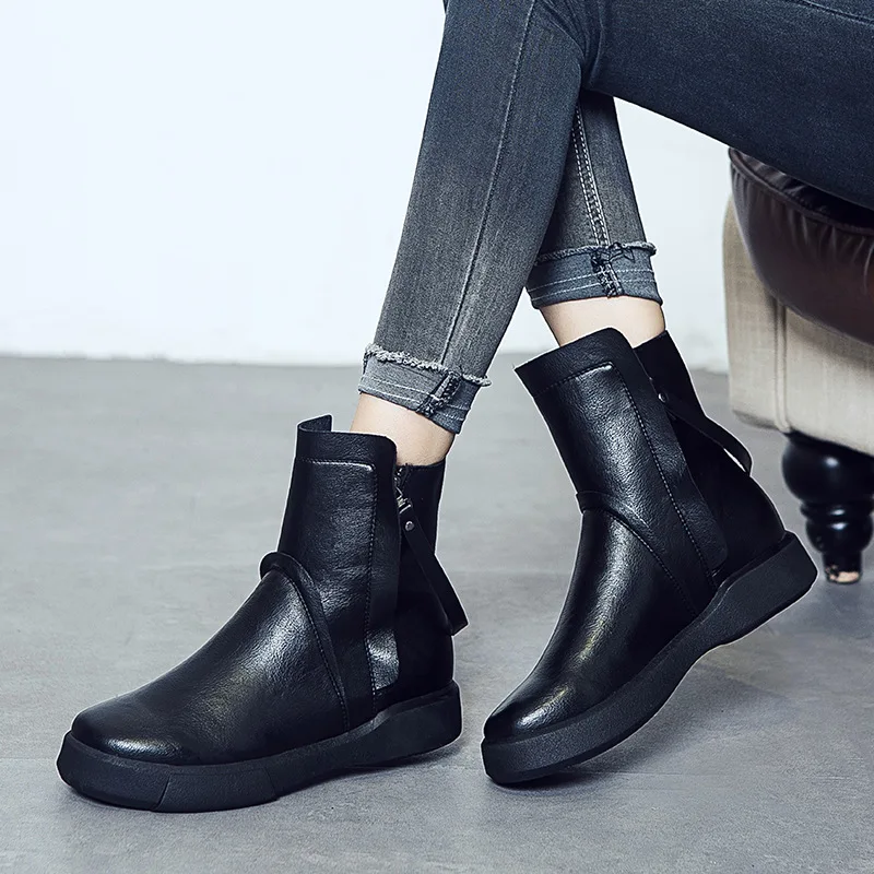 2019 Autumn Women's Boots Leather Flat Middle Female Casual Shoes Winter Fleece Platform Motorcycle for Women | Обувь