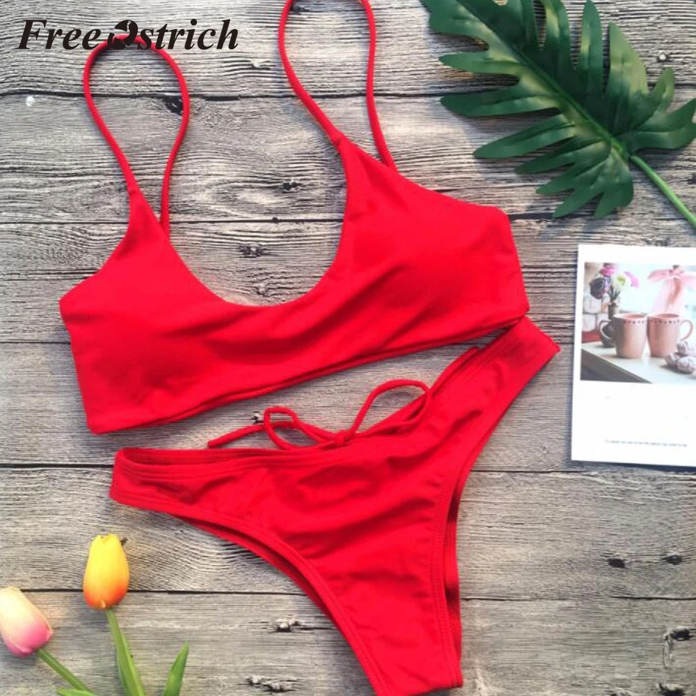 

Free Ostrich Hot Sales Women Push-up Padded Bra Beach suit Sexy Swimwear Solid Color Individual Drawstring Split suit