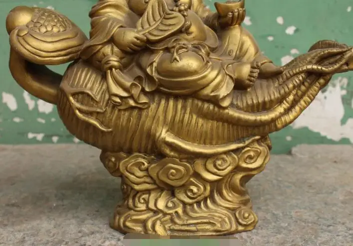 

Free shipping S00280 13" Chinese Bronze Happy Laugh Maitreya Buddha Hold Fan YuanBao On Ruyi Statue