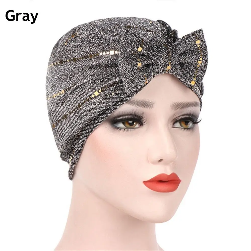 gray Hijabs Gootrades новые женские блестящие мусульманские шляпы чалма с бантиком мягкие эластичные яркость индийский стиль платок шапочки женский платок - Цвет: gray Hijabs