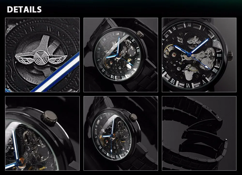 Новый черный для Мужчин Скелет наручные часы нержавеющая сталь под старину