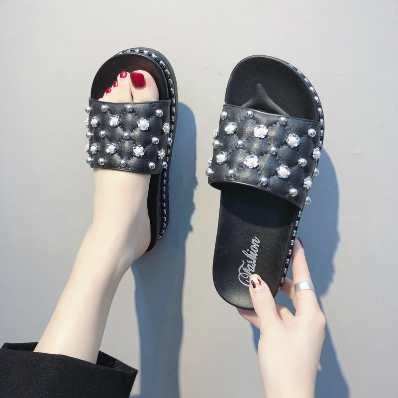 Модные женские летние шлепанцы Сандалии с жемчугом Пляжная обувь без шнуровки