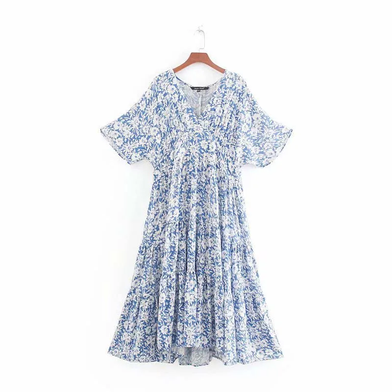 2019 лето осень Boho синий белый цветочный принт пляжное платье с v образным вырезом