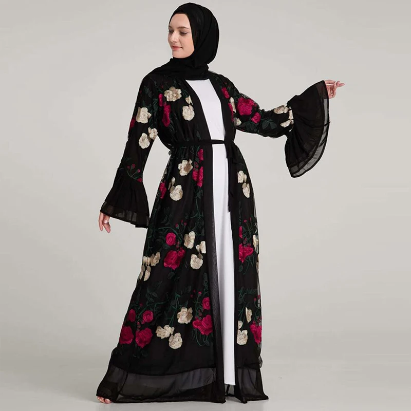 Plus Size Women Kimonos Mujer Vetement Femme Long Abaya Chifffon Embroidery Floral Kimono Cardigan Roupa Feminina Clothing