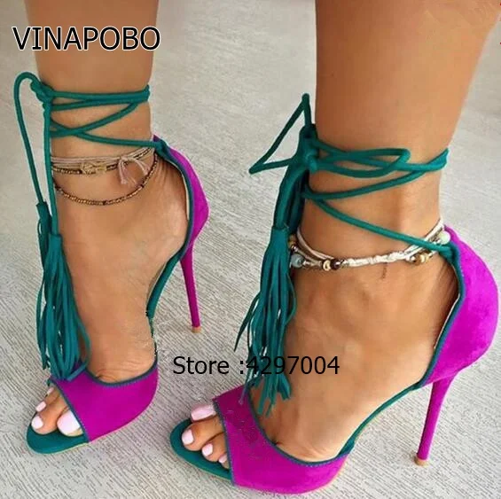 

vinapobo Pink summer brand shoes high heels lace up sandals women ankle strap and platform sandals Fringe Summer Beach sandals