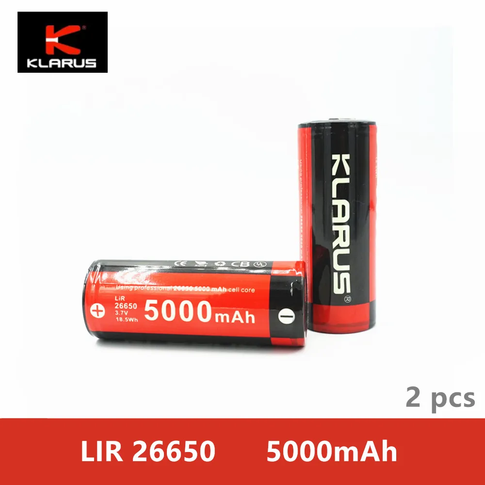 2 шт. Klarus LiR 26650 5000 мАч литий-ионная аккумуляторная батарея 3 7 в 18.5Wh с защитой цепи 500