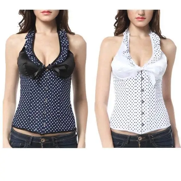 

Wholesale Black And White Polka-Dotted Halter Corset With Satin Cups Sexy Dot Corset 3S3165