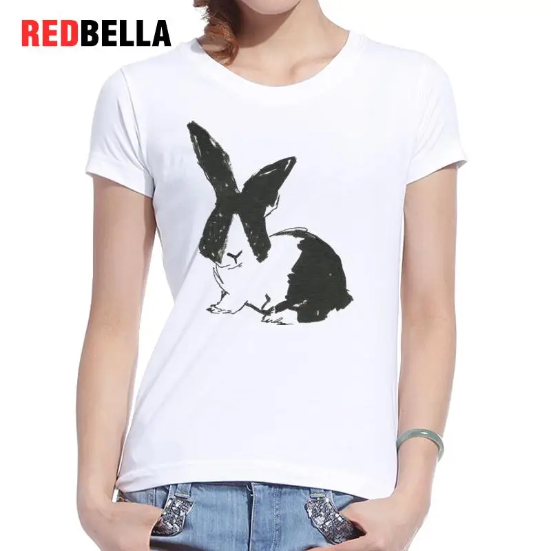 REDBELLA футболка женская мода эскиз кролик краски круто животных Битник хлопковая с