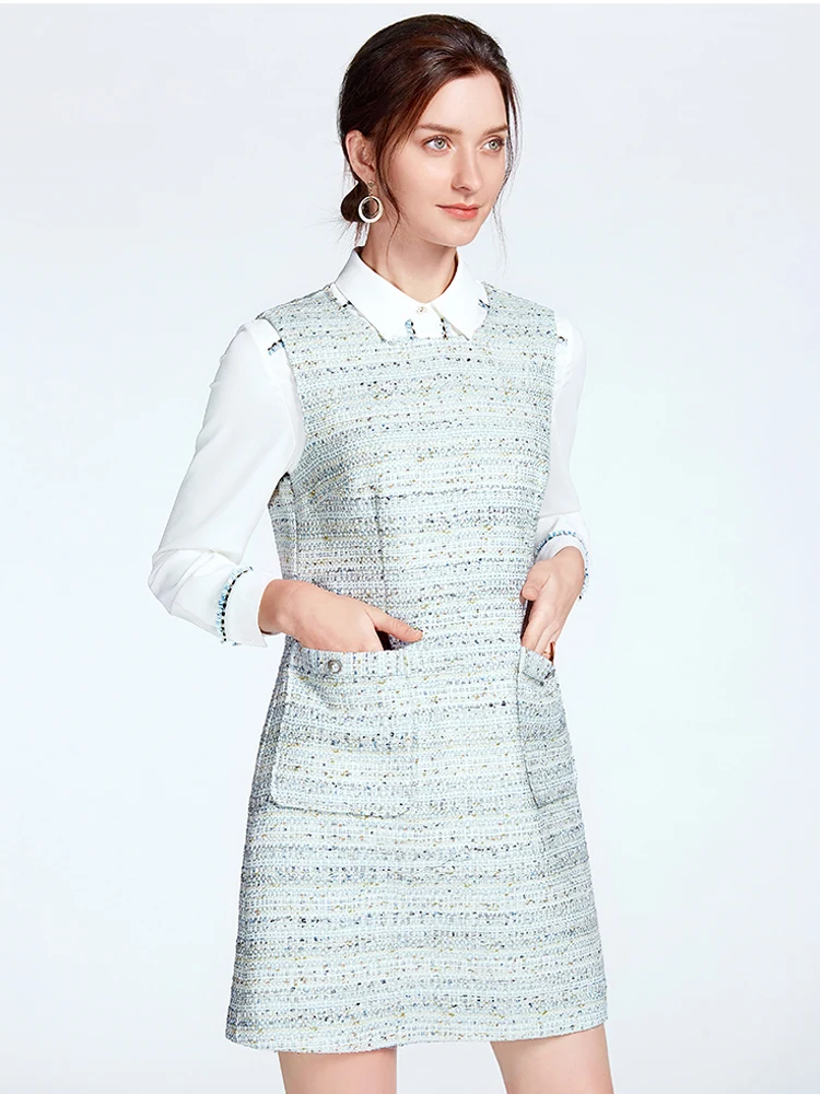 Женское твидовое платье без рукавов синее приталенное с бахромой весна осень