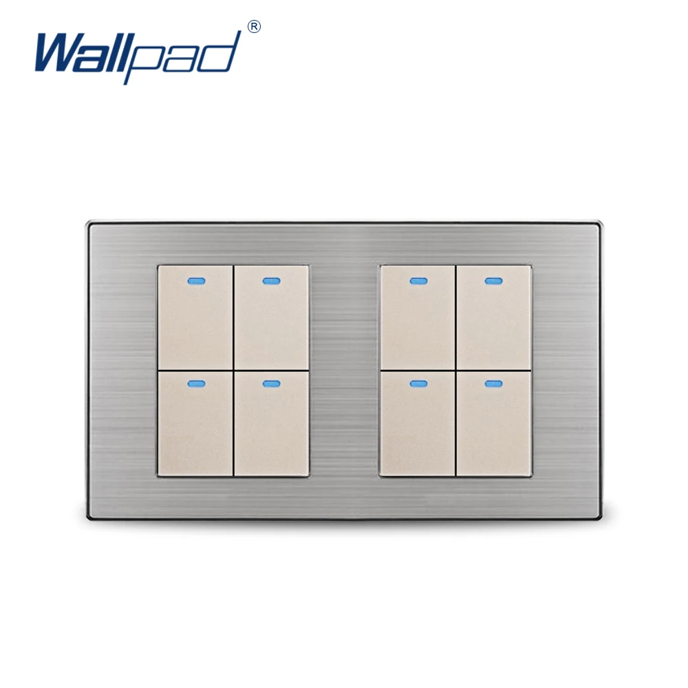 Wallpad 8 Gang 2 способ настенный выключатель с Светодиодный индикатор Роскошные атласные металла Панель настенный светильник переключатель 10A AC110~ 250V 160*86 мм - Цвет: Champagne