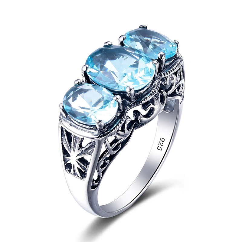 

Vintage Women Cocktail Ring Fine Jewelry Hollow 925 Sterling Silver Created Aquamarine Peridot Precious Stone Ring Wedding Party