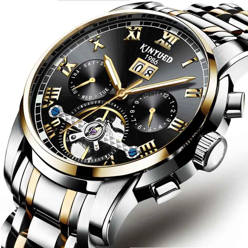 Gold Black Silver KINYUED Топ бренд класса люкс для мужчин s часы автоматические механические часы для мужчин Нержавеющая сталь Сапфир календарь Relogio Masculino - Цвет: Gold Black Silver