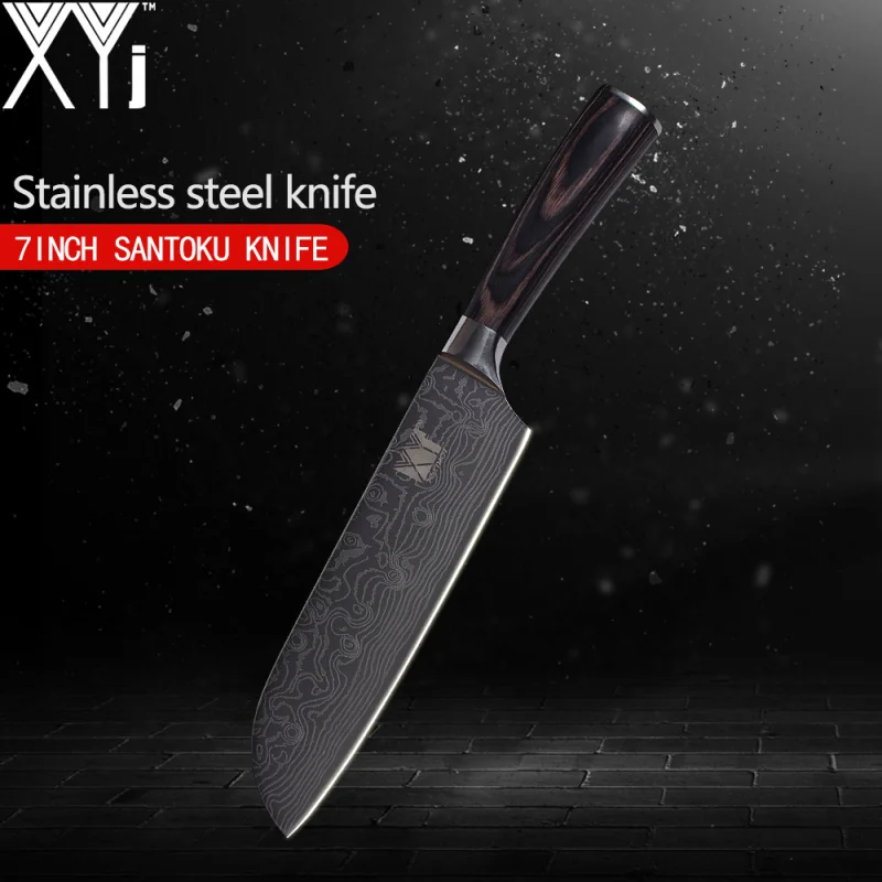 7 inch Santoku Knife XYj ультратонкий кухонный нож один 7Cr17 из нержавеющей стали нож для чистки овощей и фруктов утилита сантоку поварской нож для тонкой нарезки ручной работы кухонные инструменты - Цвет: 7 inch Santoku Knife