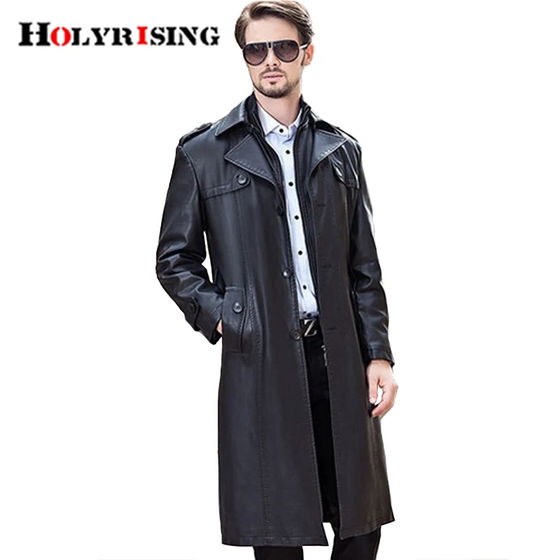 

Trench Coat Men Long Black Classic Turn Collar Autumn Winter Pea Coats Casual Overcoat Single breasted Pu Trenchs Jackets M-4XL