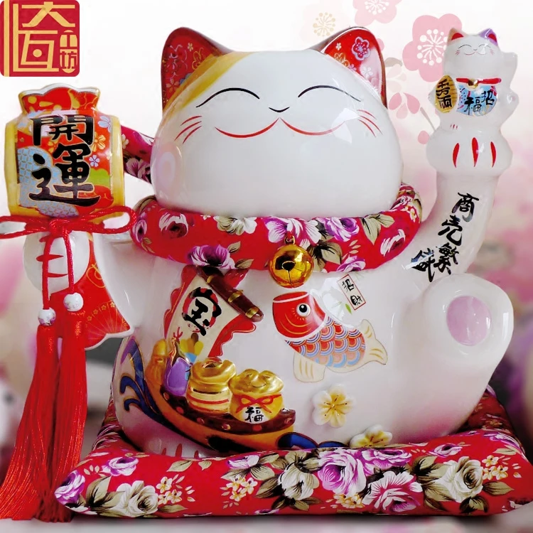 Черный Maneki Neko керамический счастливый кот с Lute украшения для домашнего декора