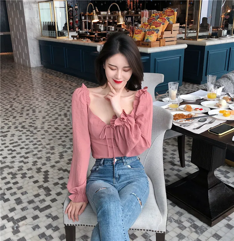 

spring summer Women's Clothing square collar Blouses fashion brands woman tops crop top sexy style Slim fit woman shirts new
