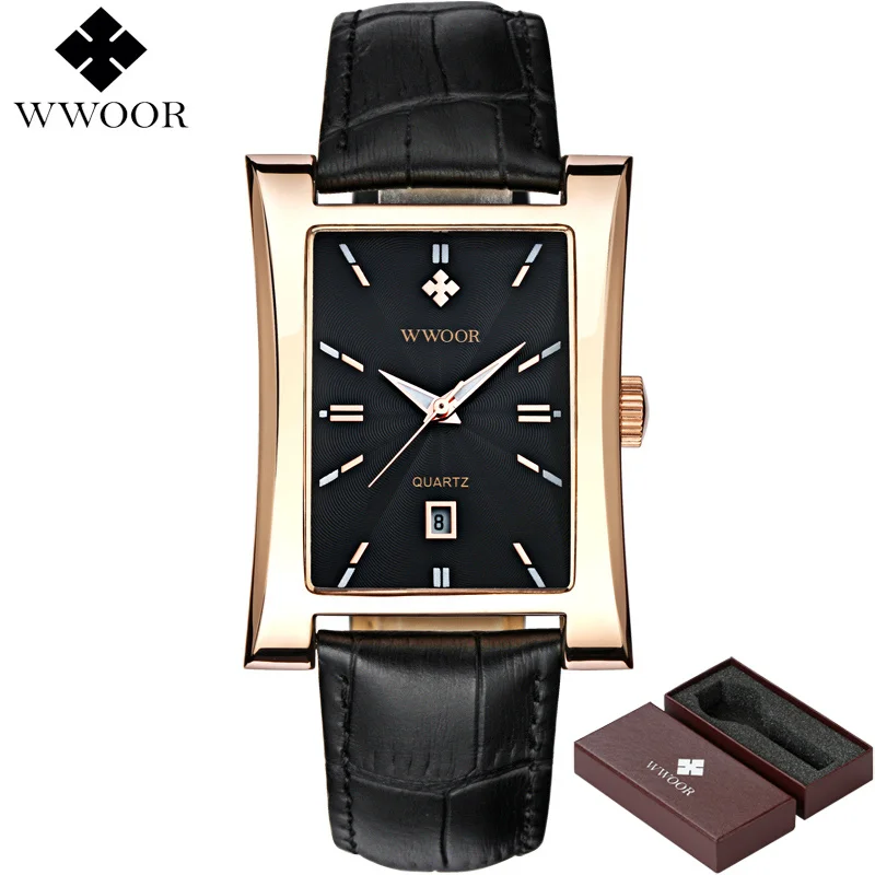 Black rose gold Лидирующий бренд, Роскошные Мужские квадратные кварцевые часы, мужские водонепроницаемые часы из натуральной кожи, повседневные спортивные наручные часы, мужские знаменитые часы WWOOR с датой - Цвет: Black rose gold