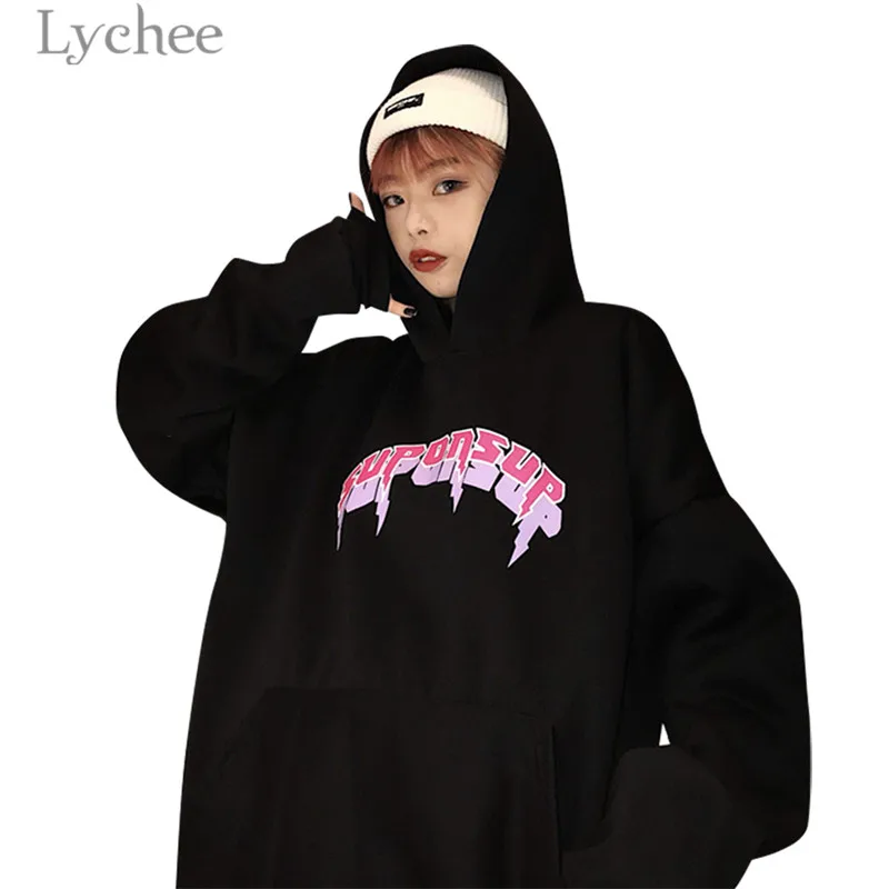 Lychee Harajuku Phantom Letter Женская толстовка с капюшоном Повседневная Свободная длинным
