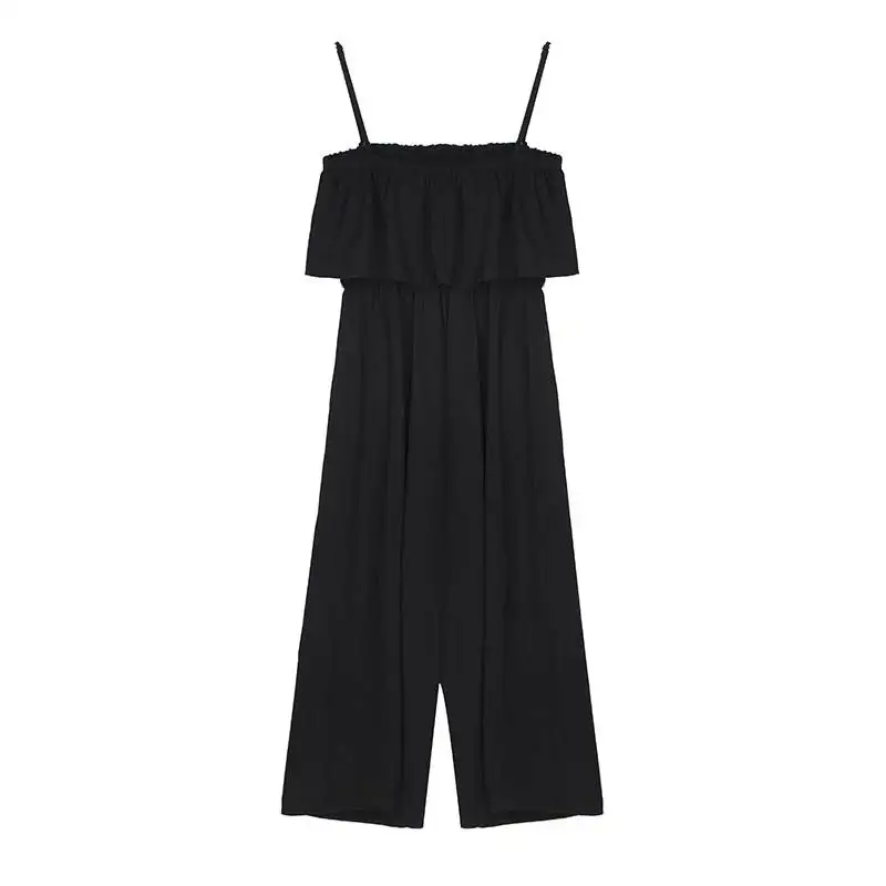 

PERHAPS U Black Blue Sleeveless Solid Long Full Length Jumpsuit Ruffle Strap Summer Beach J0032