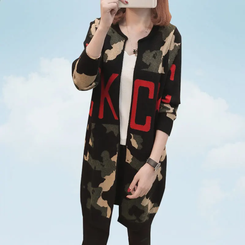 Камуфляжный вязаный женский кардиган осень 2019 модное повседневное Свободное