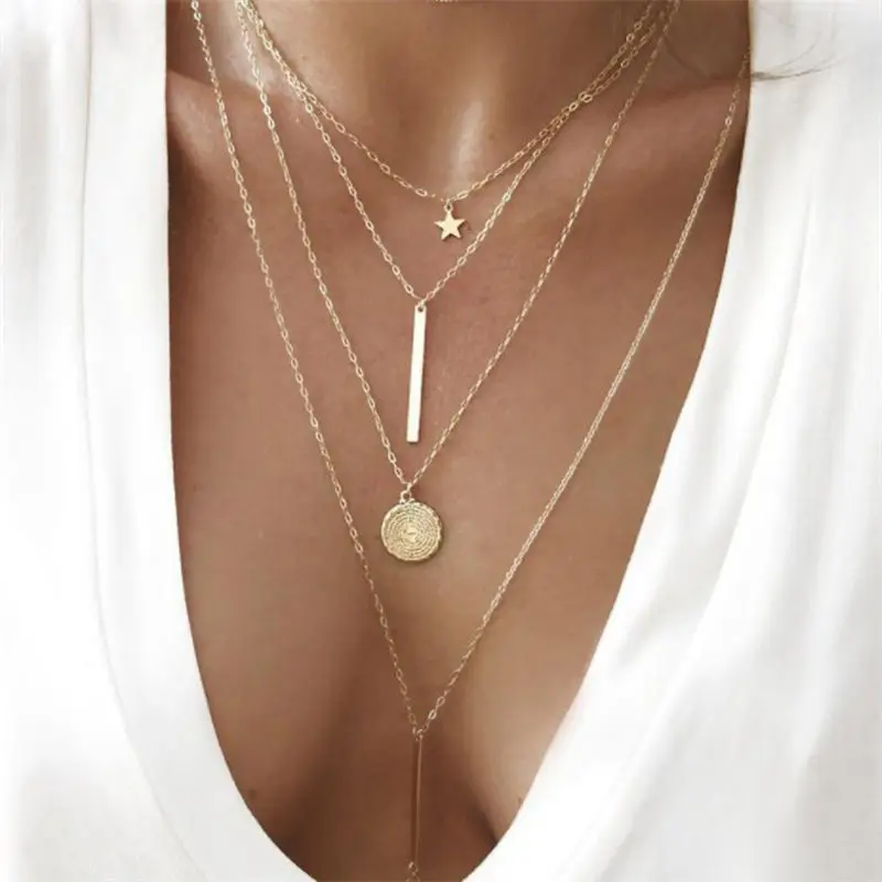 

Simple Bohemain Crystal Star Sequins Coins Bar Pendant Chain Necklace For Women Gold Color Multi Layer Statement Necklaces