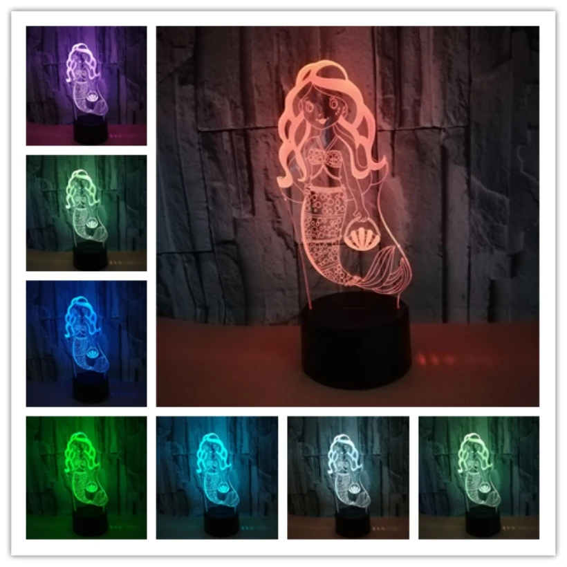 Милая Русалка Принцесса 3D LED Иллюзия ночник 7 цветов Сменные USB Батарея домашний