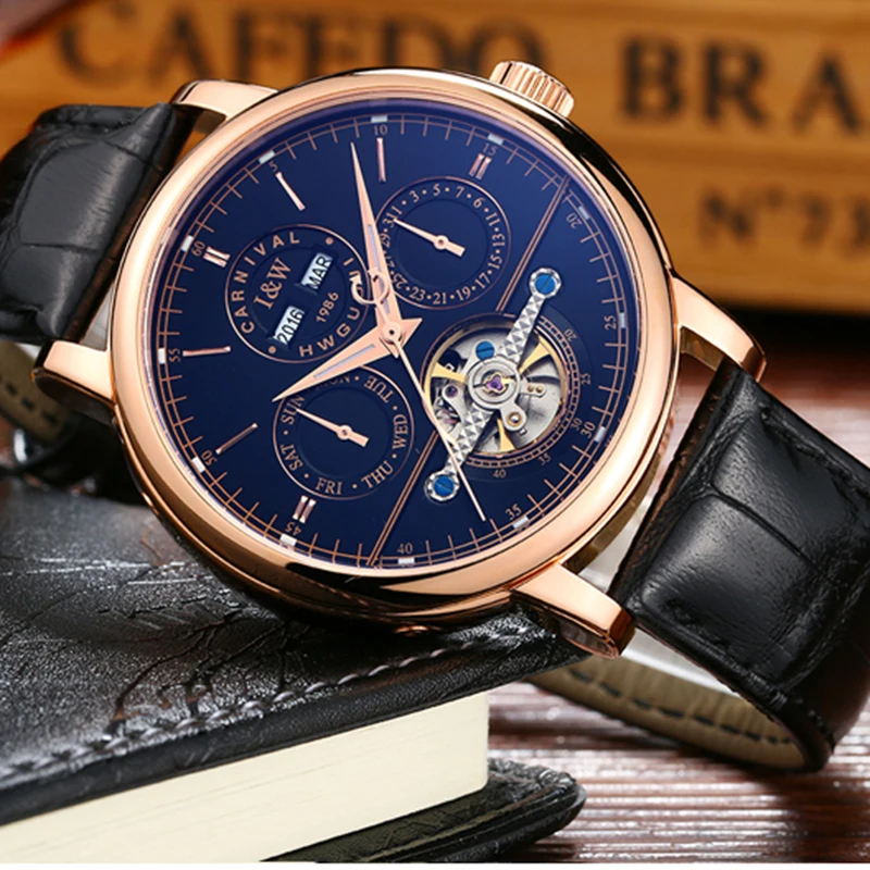 Часы мужские водонепроницаемые с кожаным ремешком и синим