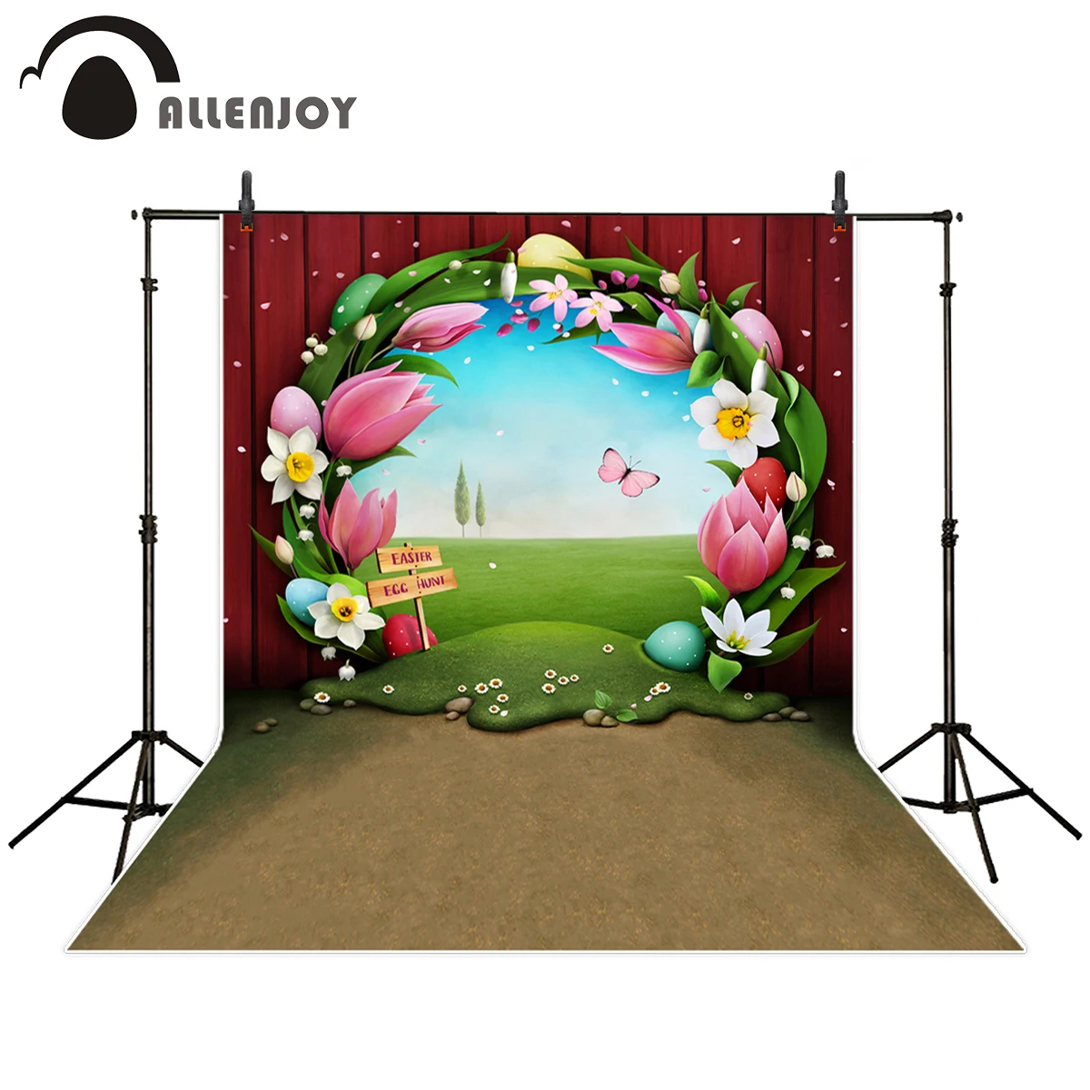 

Allenjoy фон для фотосъемки пасхальное яйцо мультфильм цветок дверь бабочка небо для детей фотостудия фон на заказ Печать