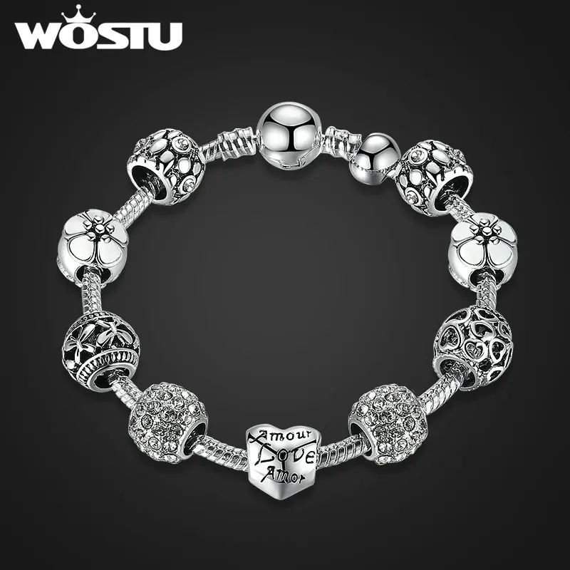 Распродажа серебряный браслет с бусинами в виде сердца и цветка|charm bracelet|bead charm