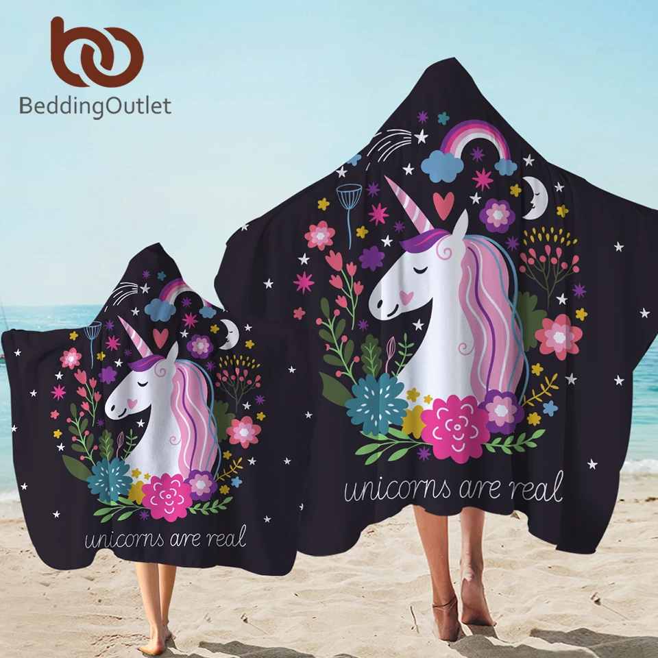 BeddingOutlet Unicorn Hooded Towel Microfiber Bath Towel With Hood for Kids Adult Floral Cartoon Wearable Beach Wrap Blanket