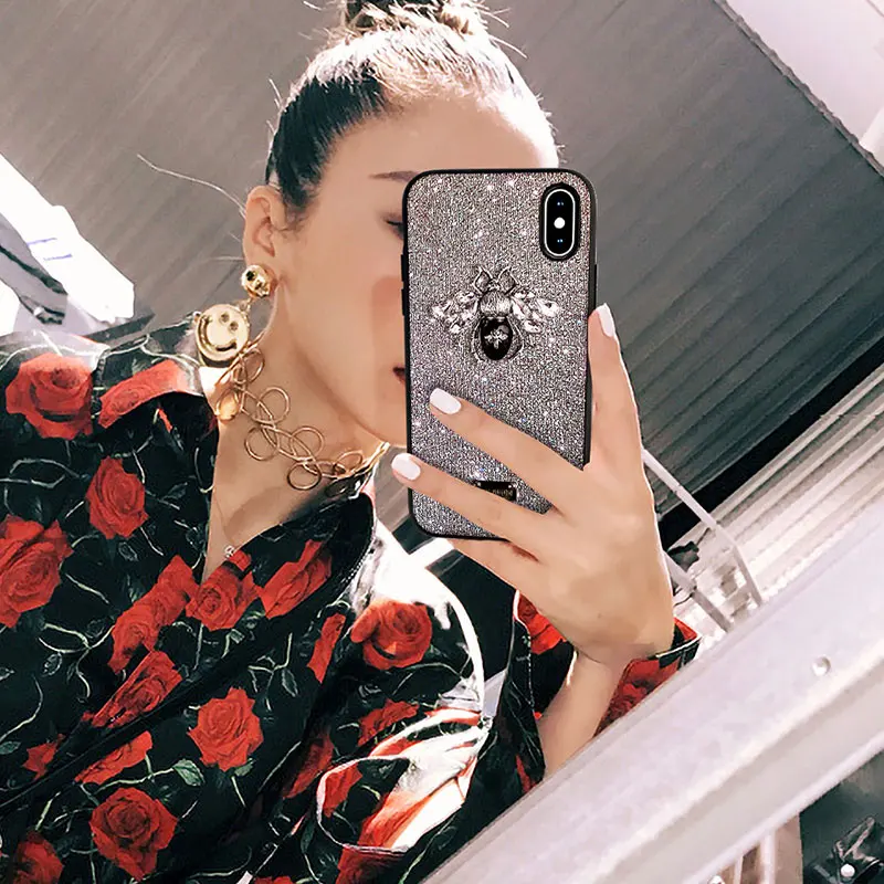 Luxury Cute Bling Soft Phone Case for iPhone 6 6s 7 8 Plus X XR XS Max Brand Bee Metal Letter Label Silicone Cover Funda Coque |