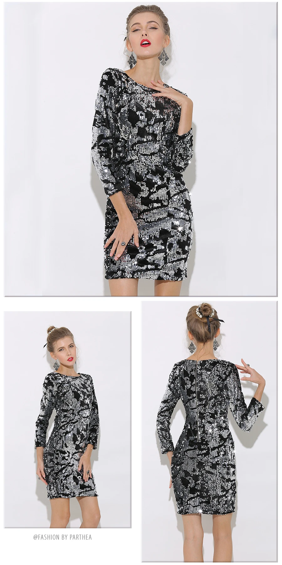 Parthea платье с золотыми блестками с длинным рукавом Bodycon Вечерние зимнее платье Для женщин Элегантный сексуальное платье Клубные Платья Vestidos De Festa