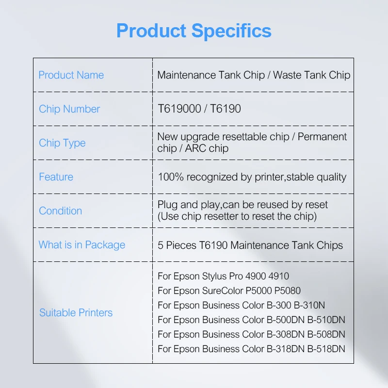 Чип резервуара для обслуживания Epson Stylus Pro 4900 4910 SureColor P5000 P5080 B300 B300DN B 310N B500 B510DN 5