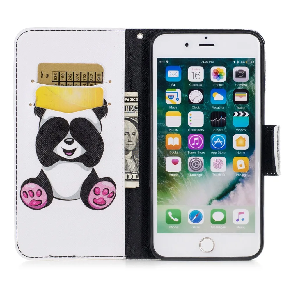 SATURCASE Cute Panda PU Leather Flip Wallet Card Slots Support Case Cover for Apple iPhone 5 5S SE 6 6S 7 8 Plus X XS XR Max | Мобильные