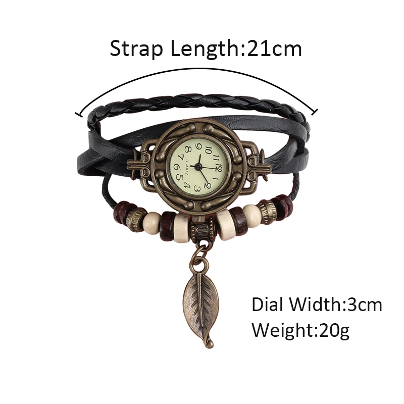 Винтажные женские часы браслет с кожаным ремешком и подвеской в виде листьев