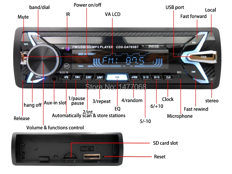 1 Дин Радио Bluetooth Стерео Авторадио USB Авто аудио системы съемный MP3 плеер головное устройство 7 цветов Подсветка PHYEE 4785BT