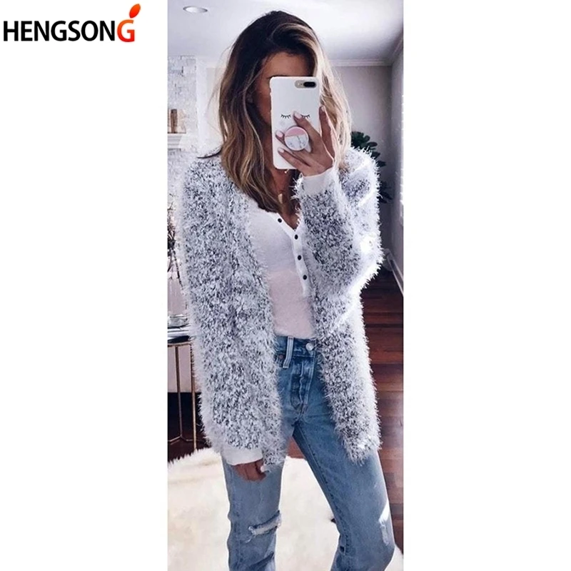 Winter Autumn Warm Outwears Women's Knitted Sweaters Fluffy Shaggy Faux Fur Cardigan Solid Color Slim Long |